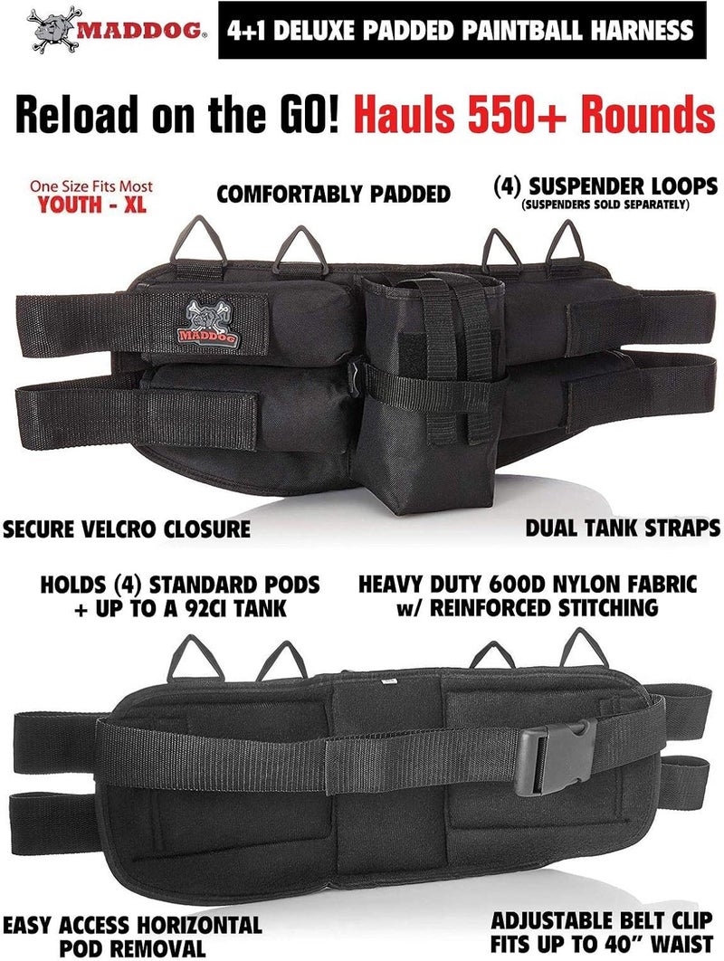 MAddog 4+1 Entry Level Paintball Harness Pod Pack Belt with HPA CO2 Tank Holder Pouch | Includes (4) Paintball Pods - Image 2